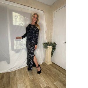 (SALE:  )  A.J.Bari Black gown with sequin clusters to resemble rhinestones.